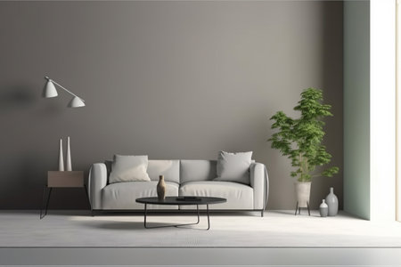 Modern minimalist scandinavian interior with a big empty wall - mockup design. Illustration created with generative AIの素材