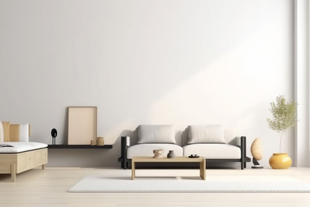 Modern minimalist scandinavian interior with a big empty wall - mockup design. Illustration created with generative AIの素材