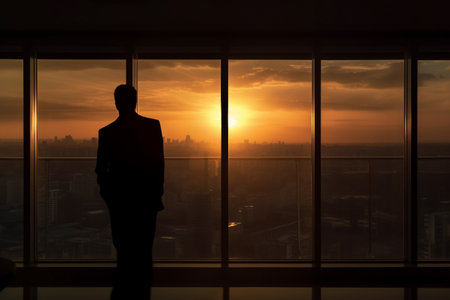 Successfull businessman or CEO in his office, looking through a large window to the busy city at sunset. Bsuiness conceptual illustration. Generative AIの素材