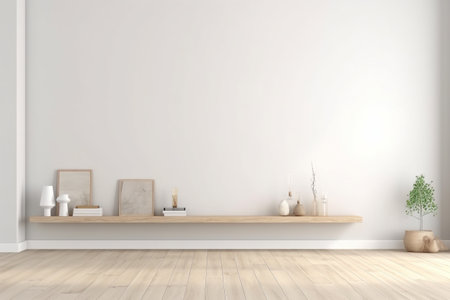 Modern minimalist scandinavian interior with a big empty wall - mockup design. Illustration created with generative AIの素材