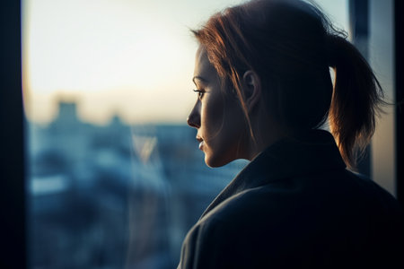 Conceptual portrait of a successfull business woman. She is looking through the window of her office to the busy town. Illustration. Generative AIの素材