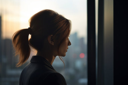 Conceptual portrait of a successfull business woman. She is looking through the window of her office to the busy town. Illustration. Generative AIの素材