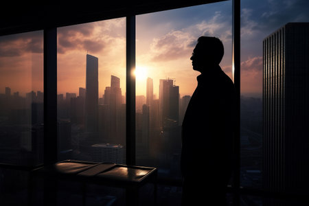 Successfull businessman or CEO in his office, looking through a large window to the busy city at sunset. Bsuiness conceptual illustration. Generative AIの素材