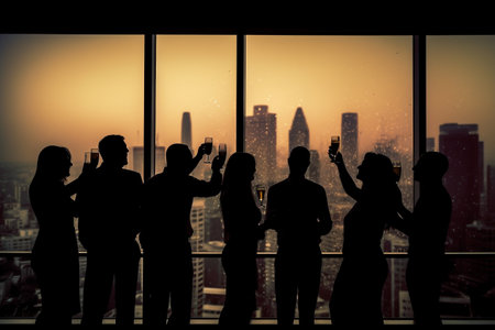 Bsuiness people inside an office, cheering and drinking champagne, silhouette. Generative AIの素材