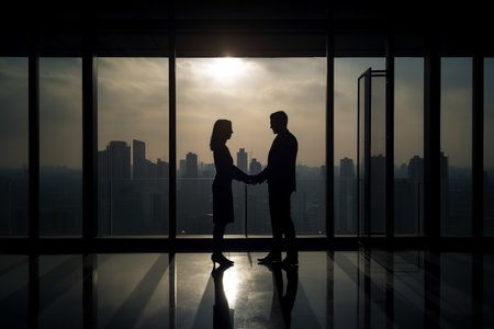 Sihouettes of a businessman and a businesswoman shaking hands, closing a deal, in an office building. Generative AIの素材