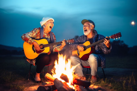 Old couple of husband and wife, enjoying retirement - they are singing and playing guitar by a campfire at blue hour while on a trip. Generative AIの素材