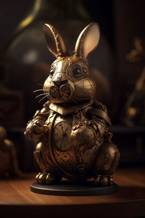 Easter Bunny and a fine detail beautifully crafted golden jewelry Easter Egg. Steampunk, fine art concept. Generative AIの素材