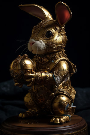 Easter Bunny and a fine detail beautifully crafted golden jewelry Easter Egg. Steampunk, fine art concept. Generative AIの素材