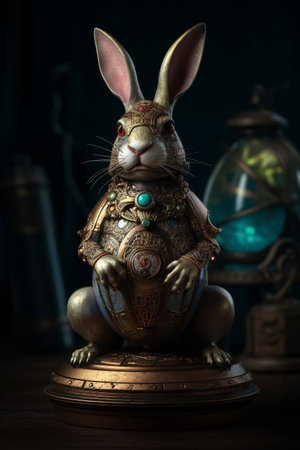 Easter Bunny and a fine detail beautifully crafted golden jewelry Easter Egg. Steampunk, fine art concept. Generative AIの素材