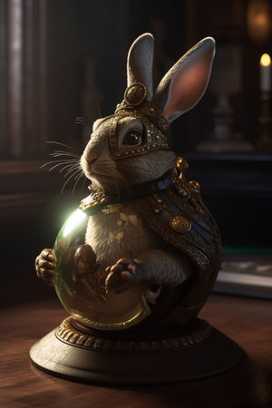 Easter Bunny and a fine detail beautifully crafted golden jewelry Easter Egg. Steampunk, fine art concept. Generative AIの素材