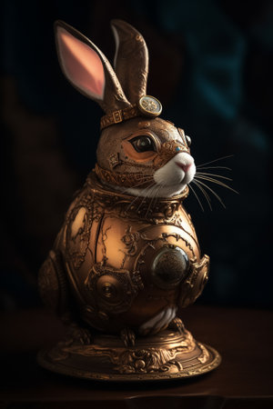Easter Bunny and a fine detail beautifully crafted golden jewelry Easter Egg. Steampunk, fine art concept. Generative AIの素材