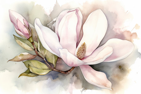 Beautiful magnolia flower blossoming in spring. Watercolor illustration created with generative AIの素材
