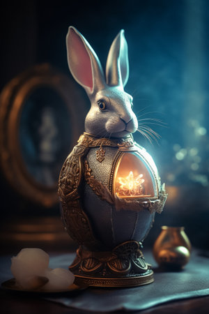 Easter Bunny and a fine detail beautifully crafted golden jewelry Easter Egg. Steampunk, fine art concept. Generative AIの素材
