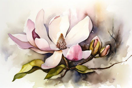 Beautiful magnolia flower blossoming in spring. Watercolor illustration created with generative AIの素材