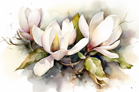 Beautiful magnolia flower blossoming in spring. Watercolor illustration created with generative AIの素材