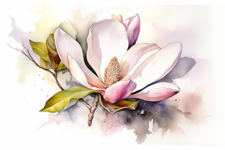 Beautiful magnolia flower blossoming in spring. Watercolor illustration created with generative AIの素材