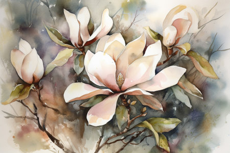 Beautiful magnolia flower blossoming in spring. Watercolor illustration created with generative AIの素材