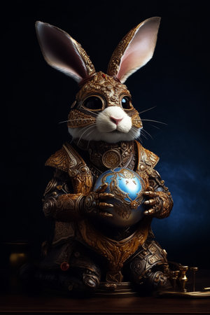 Easter Bunny and a fine detail beautifully crafted golden jewelry Easter Egg. Steampunk, fine art concept. Generative AIの素材