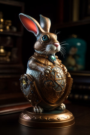 Easter Bunny and a fine detail beautifully crafted golden jewelry Easter Egg. Steampunk, fine art concept. Generative AIの素材