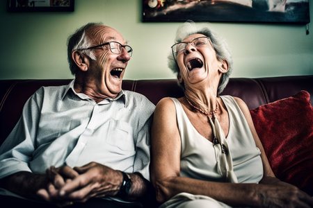 Old couple of husband and wife, enjoying retirement - they are watching TV and laughing. Generative AIの素材