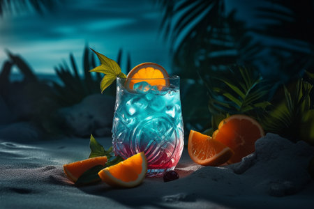 Conceptual illustration of an exotic cocktail with a tropical beach on the background. Generative AIの素材