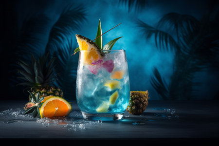Conceptual illustration of an exotic cocktail with a tropical beach on the background. Generative AIの素材