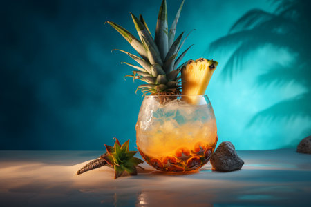 Conceptual illustration of an exotic cocktail with a tropical beach on the background. Generative AIの素材