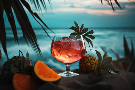 Conceptual illustration of an exotic cocktail with a tropical beach on the background. Generative AIの素材