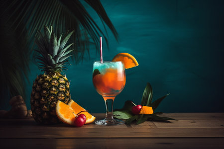 Conceptual illustration of an exotic cocktail with a tropical beach on the background. Generative AIの素材