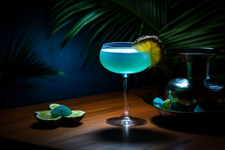Conceptual illustration of an exotic cocktail with a tropical beach on the background. Generative AIの素材