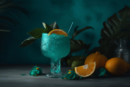Conceptual illustration of an exotic cocktail with a tropical beach on the background. Generative AIの素材