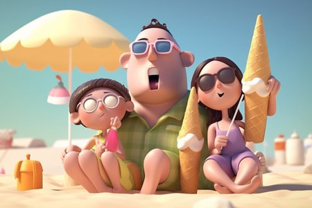 3d illustration of a family going to the beach. Generative AIの素材