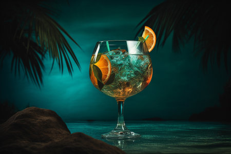 Conceptual illustration of an exotic cocktail with a tropical beach on the background. Generative AIの素材