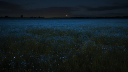 A field filled with fireflies in a summer evening. Generative AIの素材