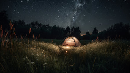 Camping on an open field in the summer. Generative AIの素材