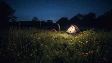 Camping on an open field in the summer. Generative AIの素材