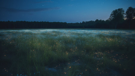 A field filled with fireflies in a summer evening. Generative AIの素材