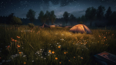 Camping on an open field in the summer. Generative AIの素材