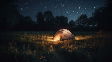Camping on an open field in the summer. Generative AIの素材