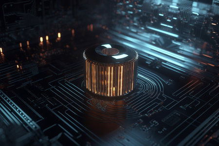 Cyber security - conceptual illustration of a microprocessor in the shape of a lock. Generative AIの素材