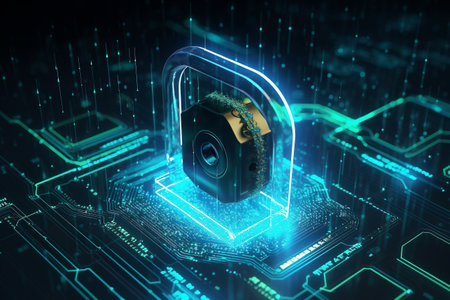 Cyber security - conceptual illustration of a microprocessor in the shape of a lock. Generative AIの素材