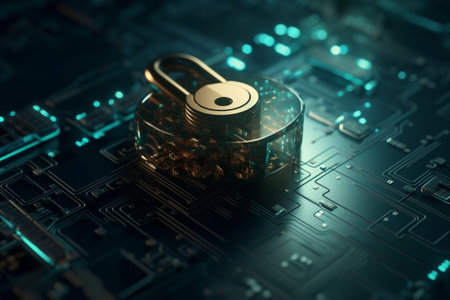 Cyber security - conceptual illustration of a microprocessor in the shape of a lock. Generative AIの素材