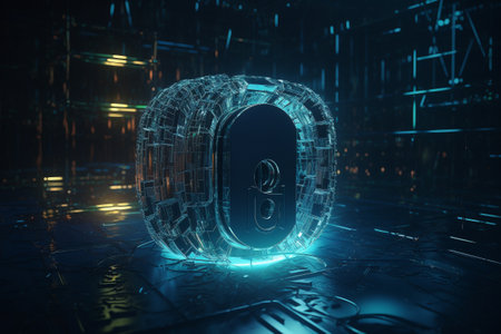 Cyber security - conceptual illustration of a microprocessor in the shape of a lock. Generative AIの素材