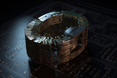 Cyber security - conceptual illustration of a microprocessor in the shape of a lock. Generative AIの素材