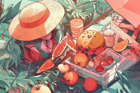 Hand drawn illustration of a summer theme concept. Created with generative AIの素材