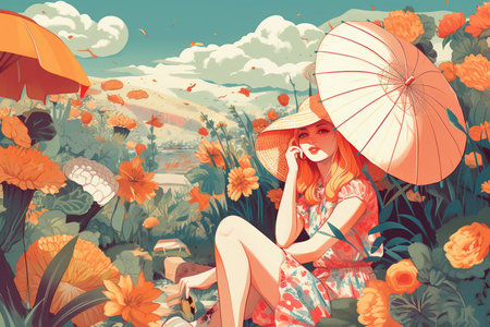 Hand drawn illustration of a summer theme concept. Created with generative AIの素材