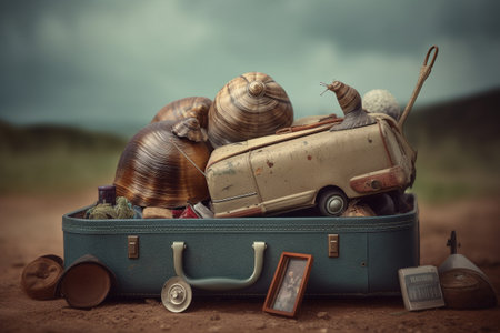 Abstract conceptual surreal collage of a summer vacation theme with a snail shell and a suitcase. Generative AIの素材