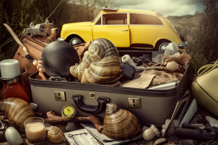 Abstract conceptual surreal collage of a summer vacation theme with a snail shell and a suitcase. Generative AIの素材