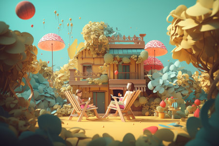 Hand drawn illustration of a summer theme concept. Created with generative AIの素材