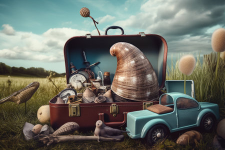 Abstract conceptual surreal collage of a summer vacation theme with a snail shell and a suitcase. Generative AIの素材
